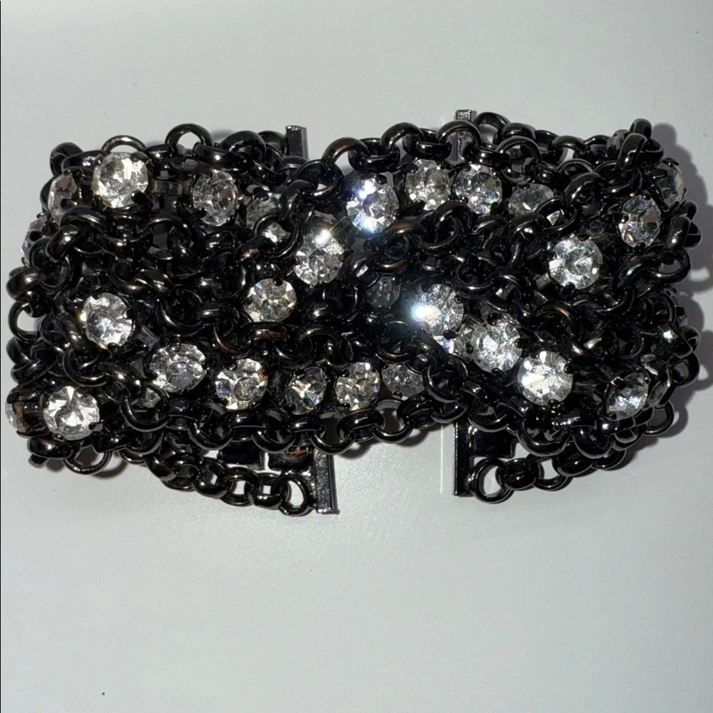 Vintage thick gun metal Black Chain Bracelet scattered rhinestones